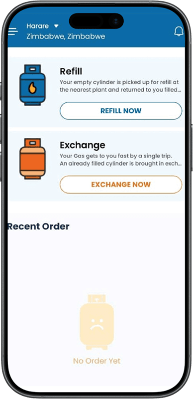 ClickGas app product selection screen showing Refill and Exchange options