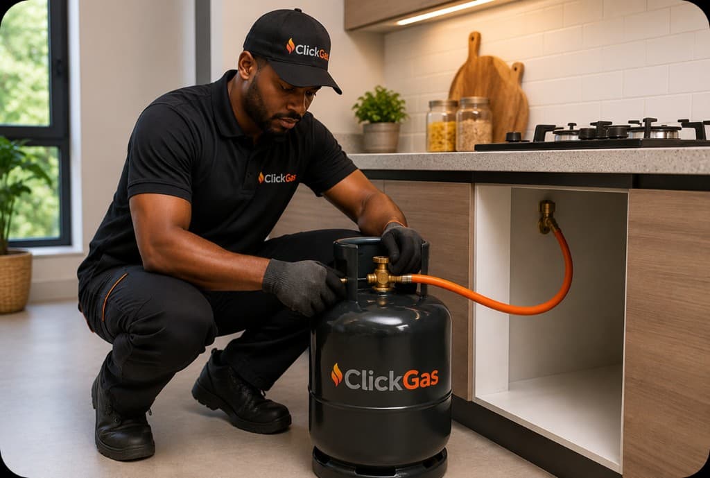 ClickGas technician connecting an LPG cylinder in a kitchen